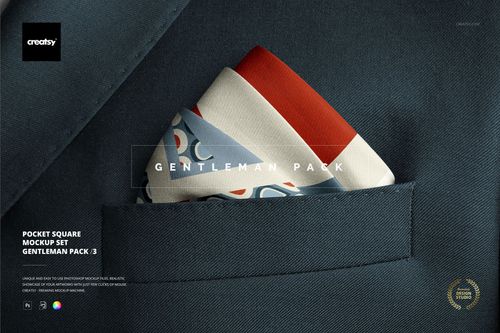 PSD mockup of a pocket square with abstract patterns in a gentleman’s suit jacket, close-up perspective.