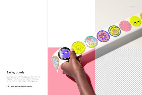 Round sticker tape mockup held between hands, displaying various bright sticker designs on a split color background.