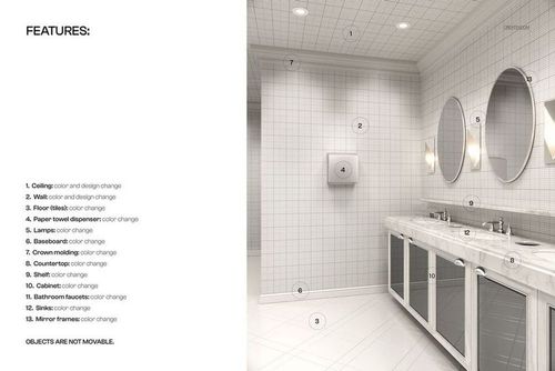 Front view of a clean commercial bathroom mockup featuring double sinks, large mirrors, and a paper towel dispenser.