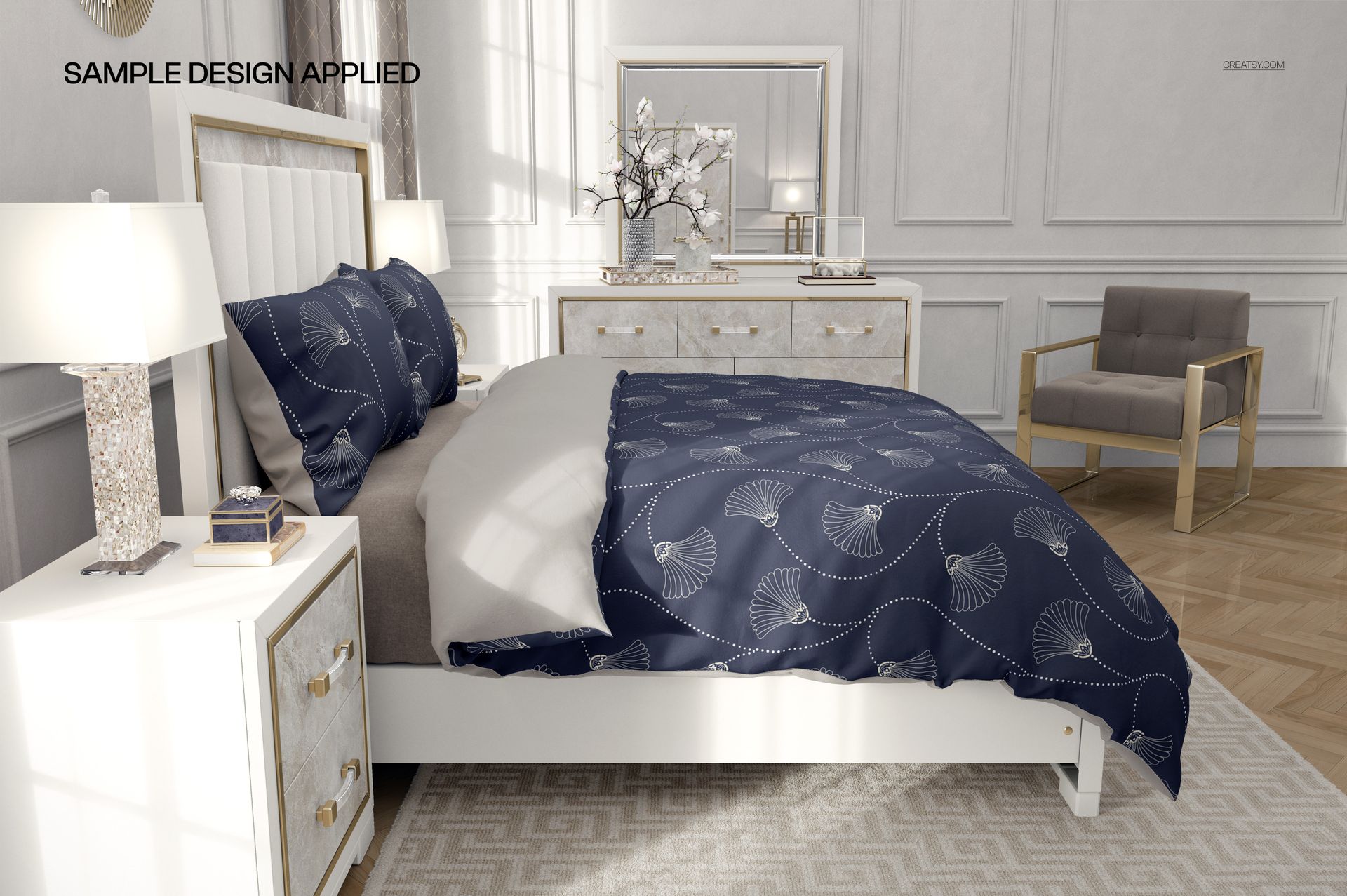 Luxury bedding mockup with patterned navy duvet and pillows on a white bed, styled in a contemporary room.