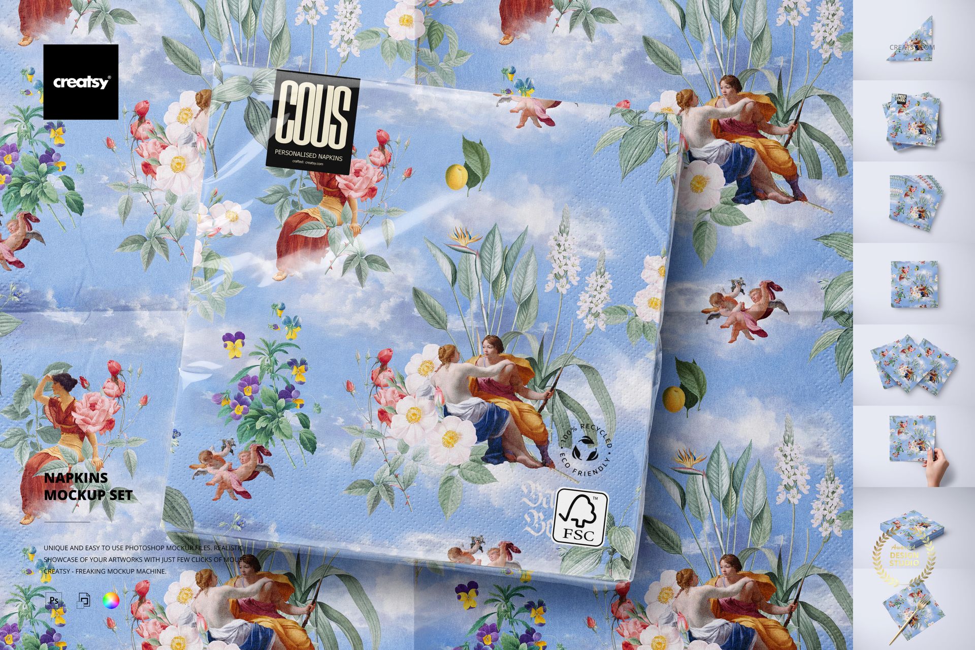 Square napkin mockup with blue background, floral pattern, and classical figures, shown from a top view.