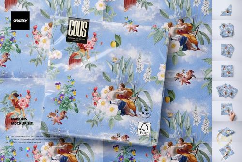 Square napkin mockup with blue background, floral pattern, and classical figures, shown from a top view.