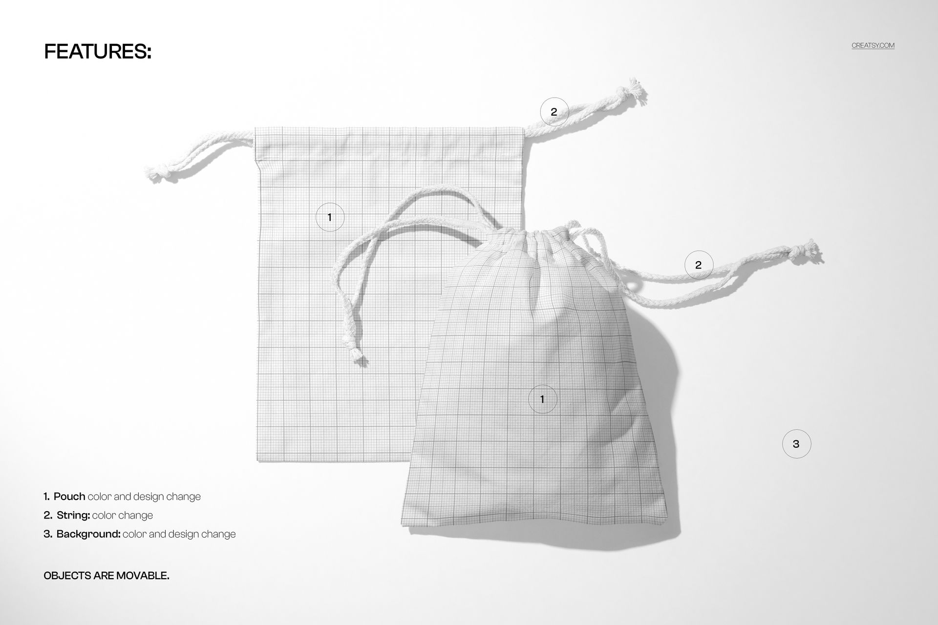 Flat and filled drawstring pouches mockup showing grid design and white strings, arranged on a plain surface.