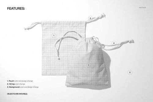 Flat and filled drawstring pouches mockup showing grid design and white strings, arranged on a plain surface.