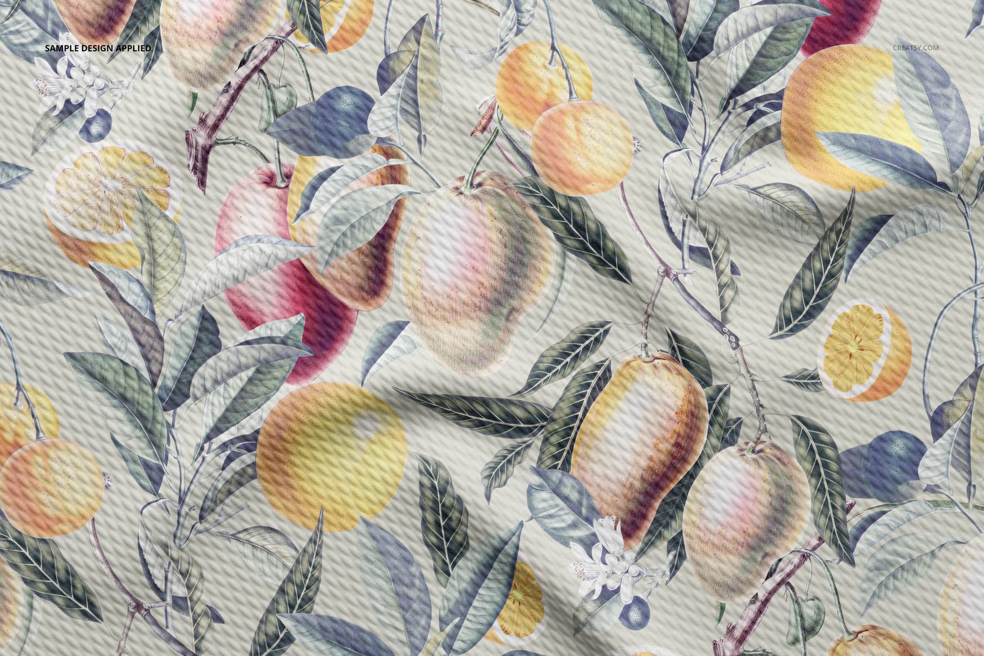 Bullet fabric mockup featuring a close-up of textured material with a watercolor fruit and leaf pattern on a light background.