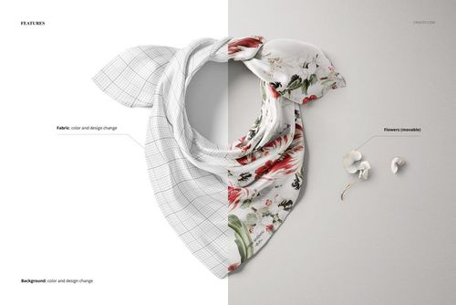 Silk scarf mockup displayed from a top view, featuring a floral pattern on one side and a grid design on the other.