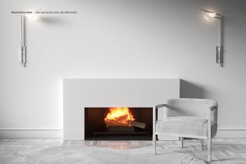 Modern living room scene with a lit fireplace, white armchair, and minimalist wall sconces in a PSD mockup.
