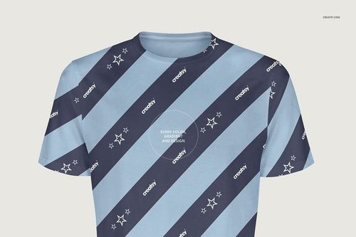 Front view of a longline t-shirt mockup with diagonal blue and navy stripes, white stars, and text elements.