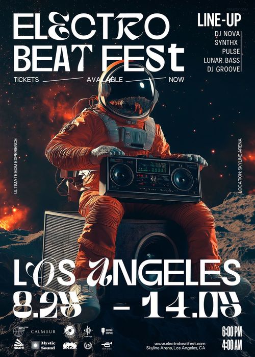 Poster mockup displaying an astronaut in a helmet seated on a boombox, surrounded by white event details and a starry backdrop.
