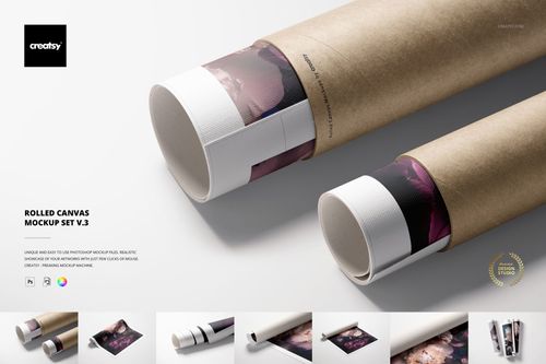 Rolled canvas print mockup set featuring two cylindrical prints with visible textured edges and muted artwork details.