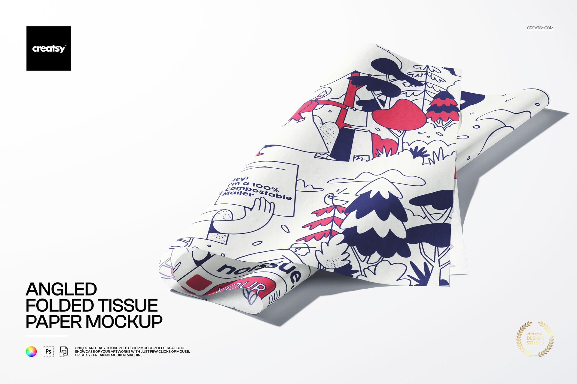 Folded sheet of tissue paper mockup featuring playful blue and red illustrations, shown from an angled top view.