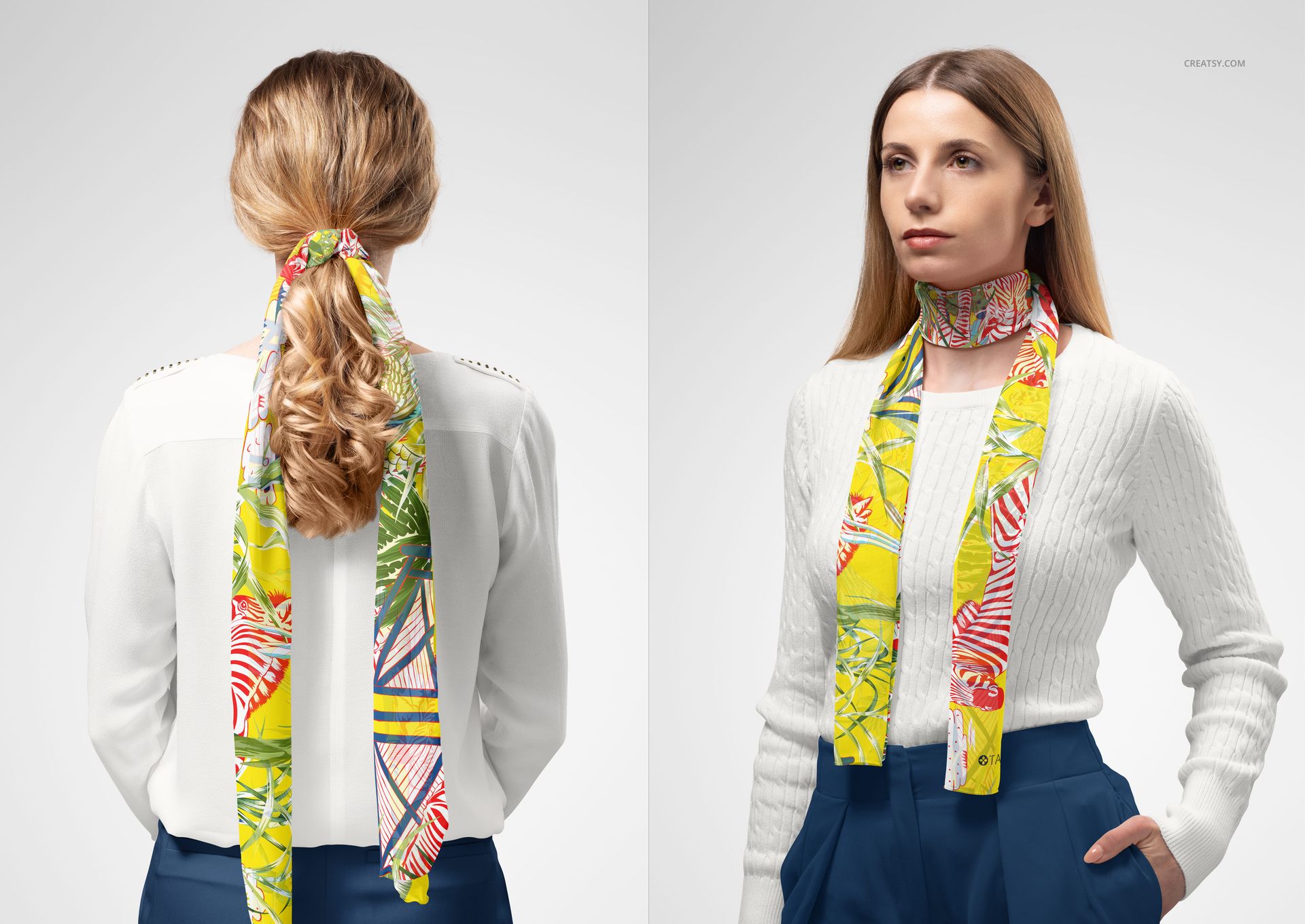 25x140cm chiffon silk scarf mockup featuring vibrant yellow, red, and green designs, styled on a person.