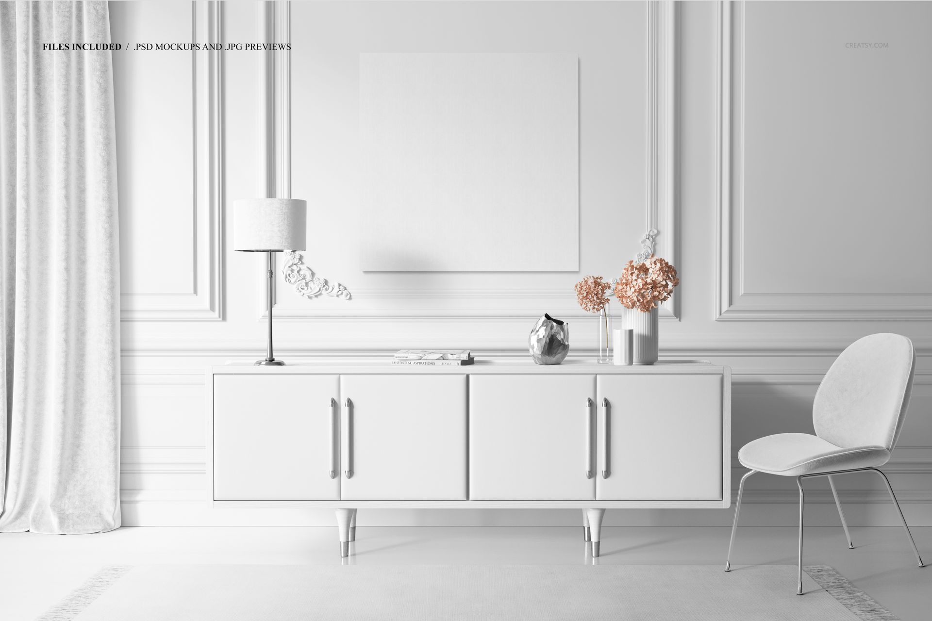 Front view of a minimalist interior with a blank canvas print mockup above a white sideboard, lamp, vases, and chair.