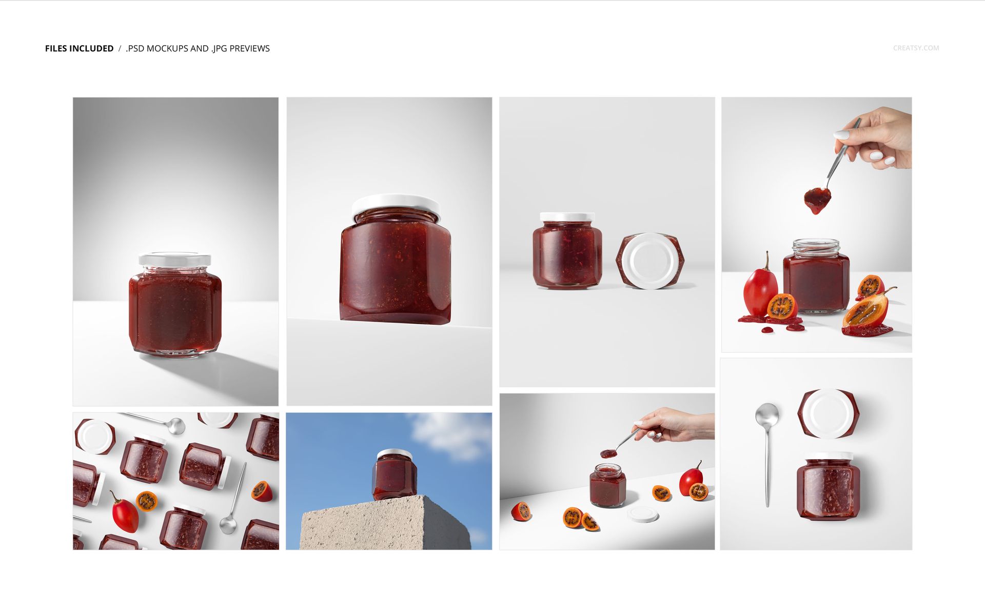 PSD mockup set featuring a clear jam jar with white lid, surrounded by tamarillo fruits and spoons in bright lighting.