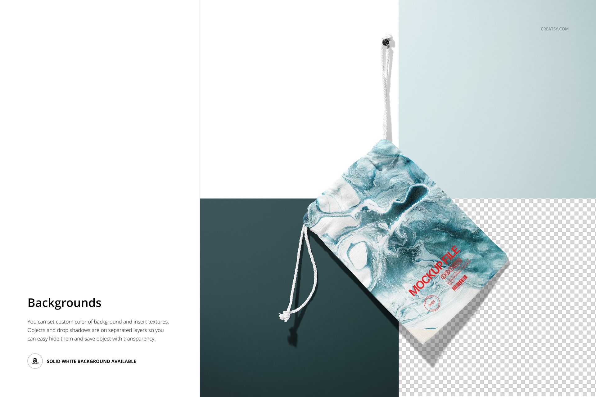 Drawstring bag mockup featuring a blue and white abstract design, shown hanging with editable background sections.