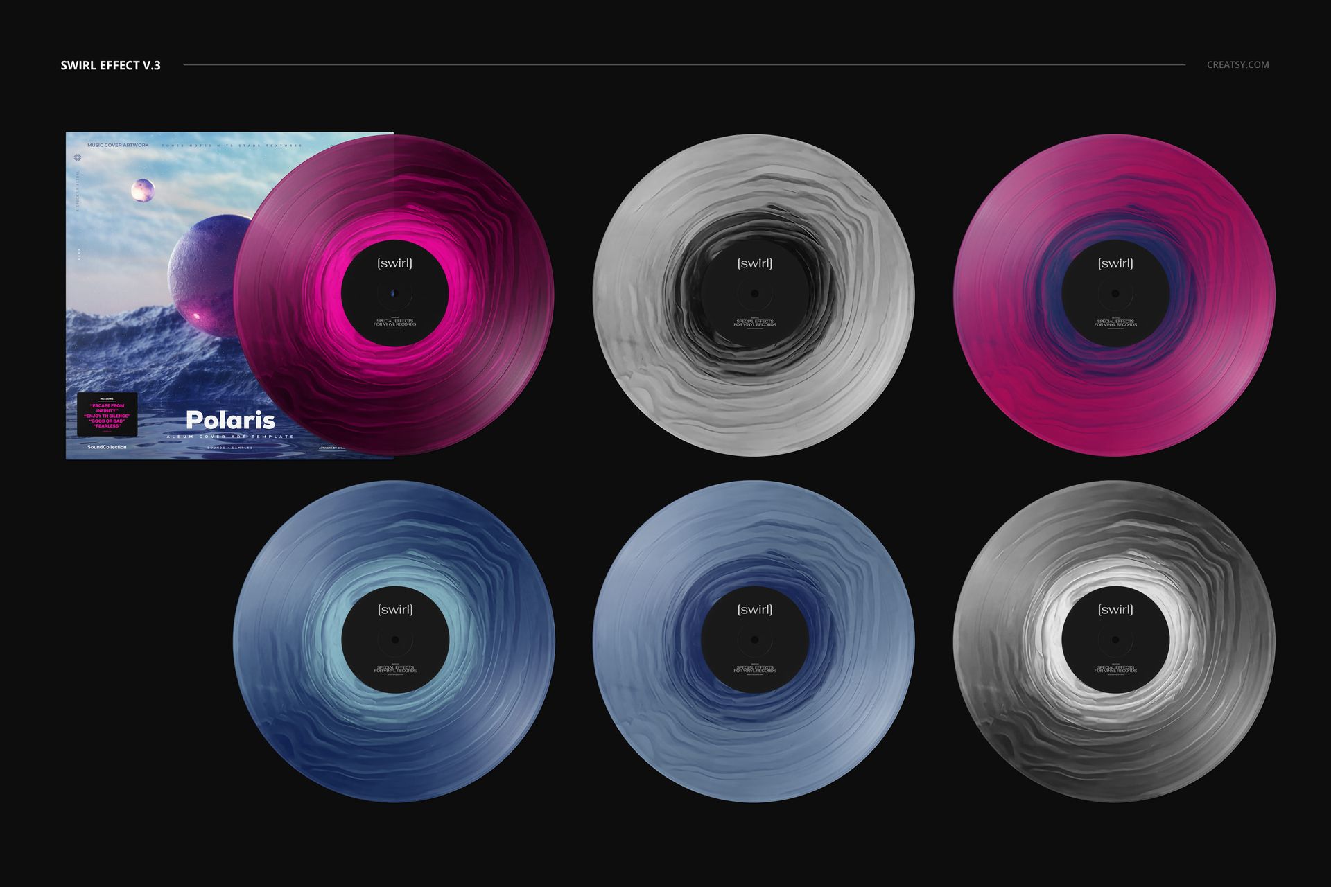 PSD mockup showing six vinyl records in pink, blue, gray, and black swirl designs, alongside a themed record sleeve.