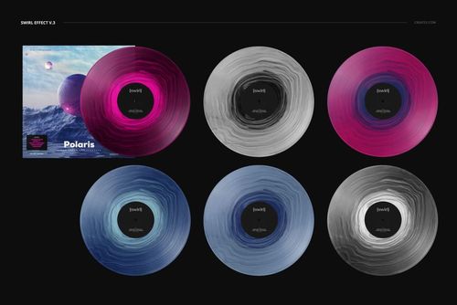 PSD mockup showing six vinyl records in pink, blue, gray, and black swirl designs, alongside a themed record sleeve.