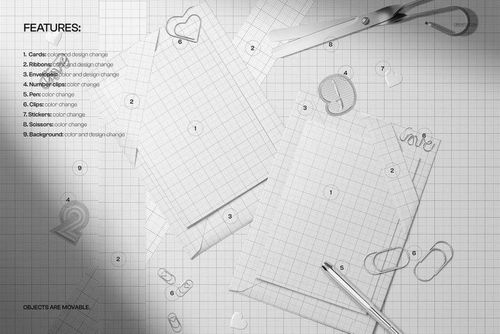 Top view of Valentine’s Day greeting card stationery mockup with envelopes, ribbons, and paperclips on a grid background.