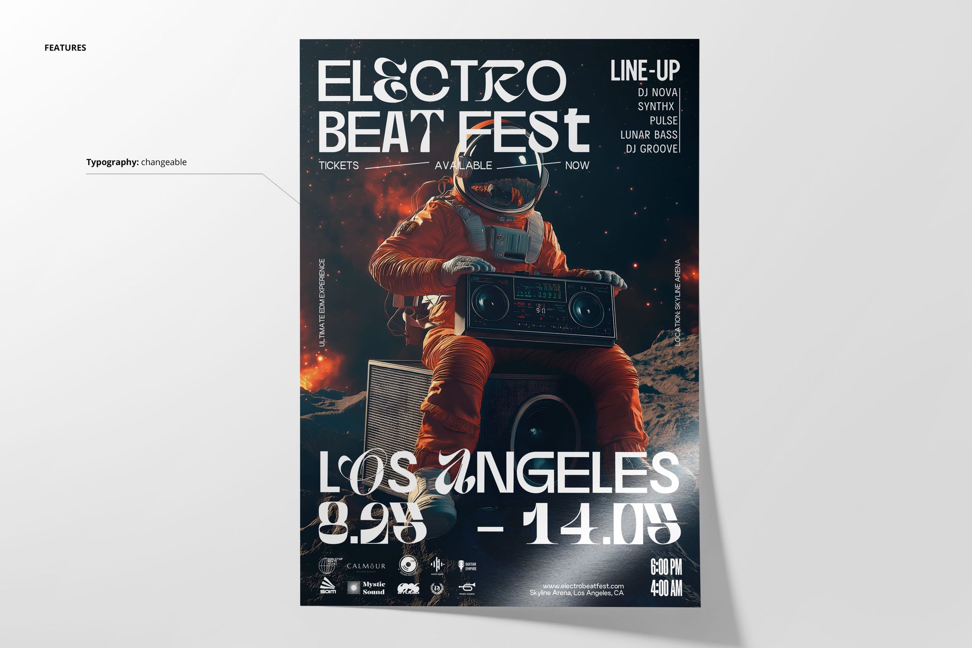 Front view of a poster mockup featuring an astronaut in an orange suit holding a boombox, with bold event text and details.