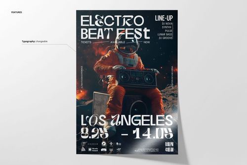 Front view of a poster mockup featuring an astronaut in an orange suit holding a boombox, with bold event text and details.