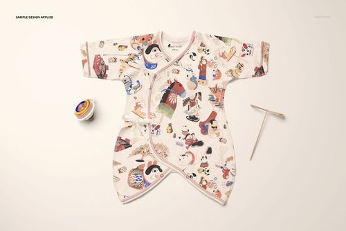 Front view of a baby kimono bodysuit mockup with colorful Japanese-inspired patterns on a light background.