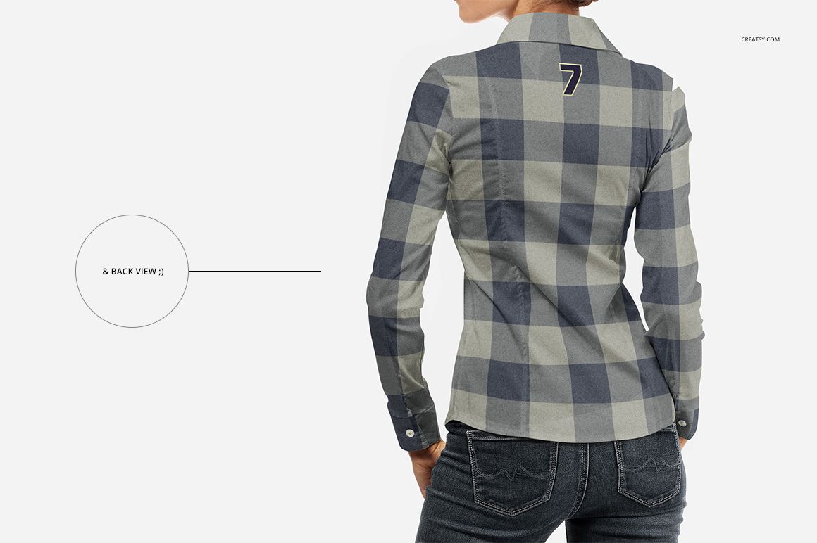 Back view of a women's dress shirt mockup with gray and blue plaid pattern, number detail on upper back, worn by a person.