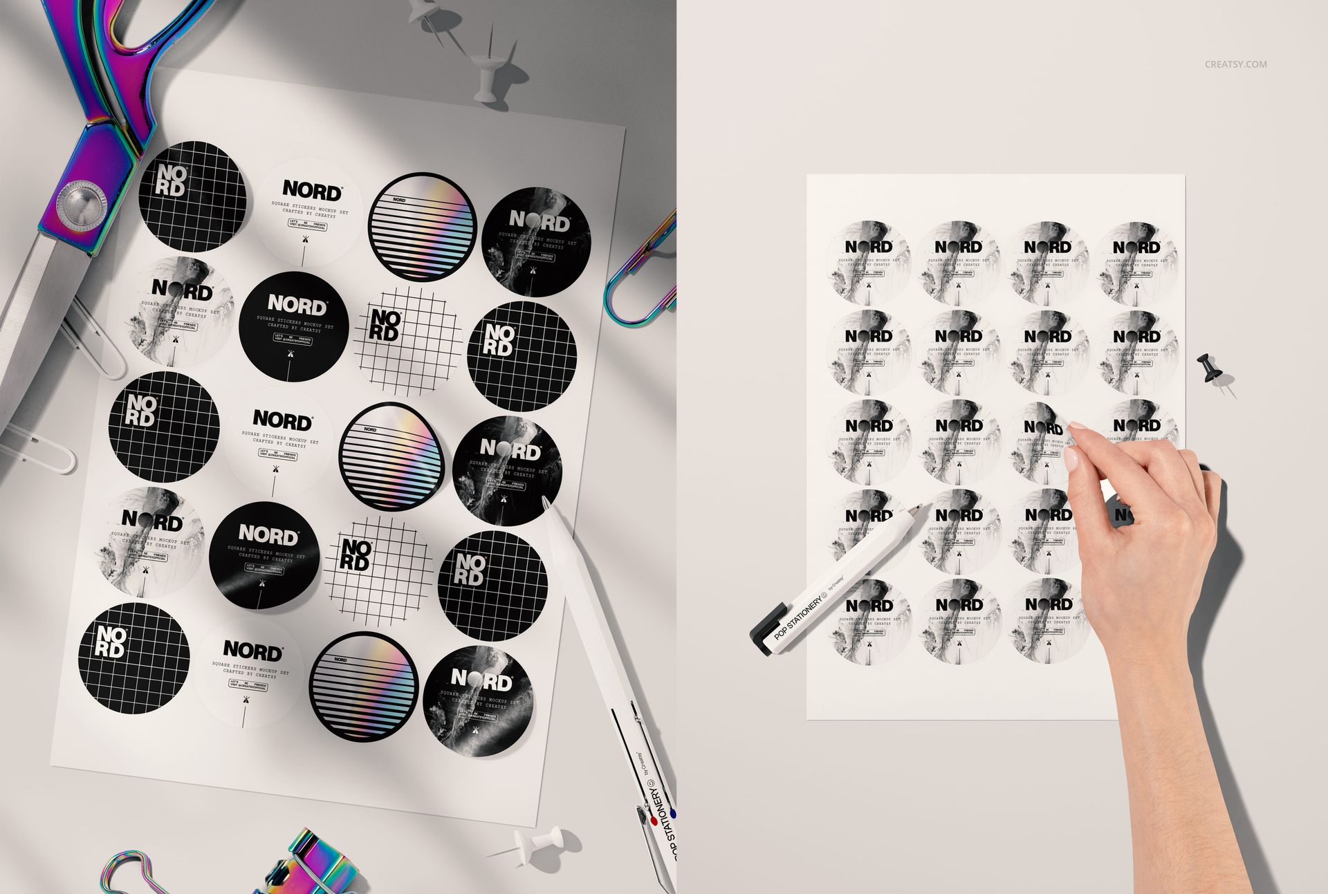 Hand peeling a round sticker from a sheet featuring assorted black, white, and holographic patterns in a PSD mockup.