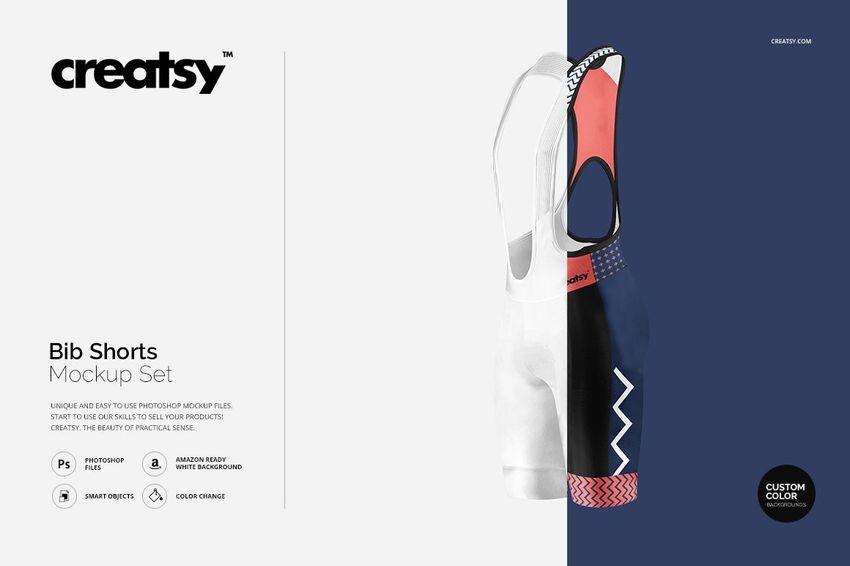 Front view of bib shorts mockup with one side in white and the other in navy, coral, and patterned accents.