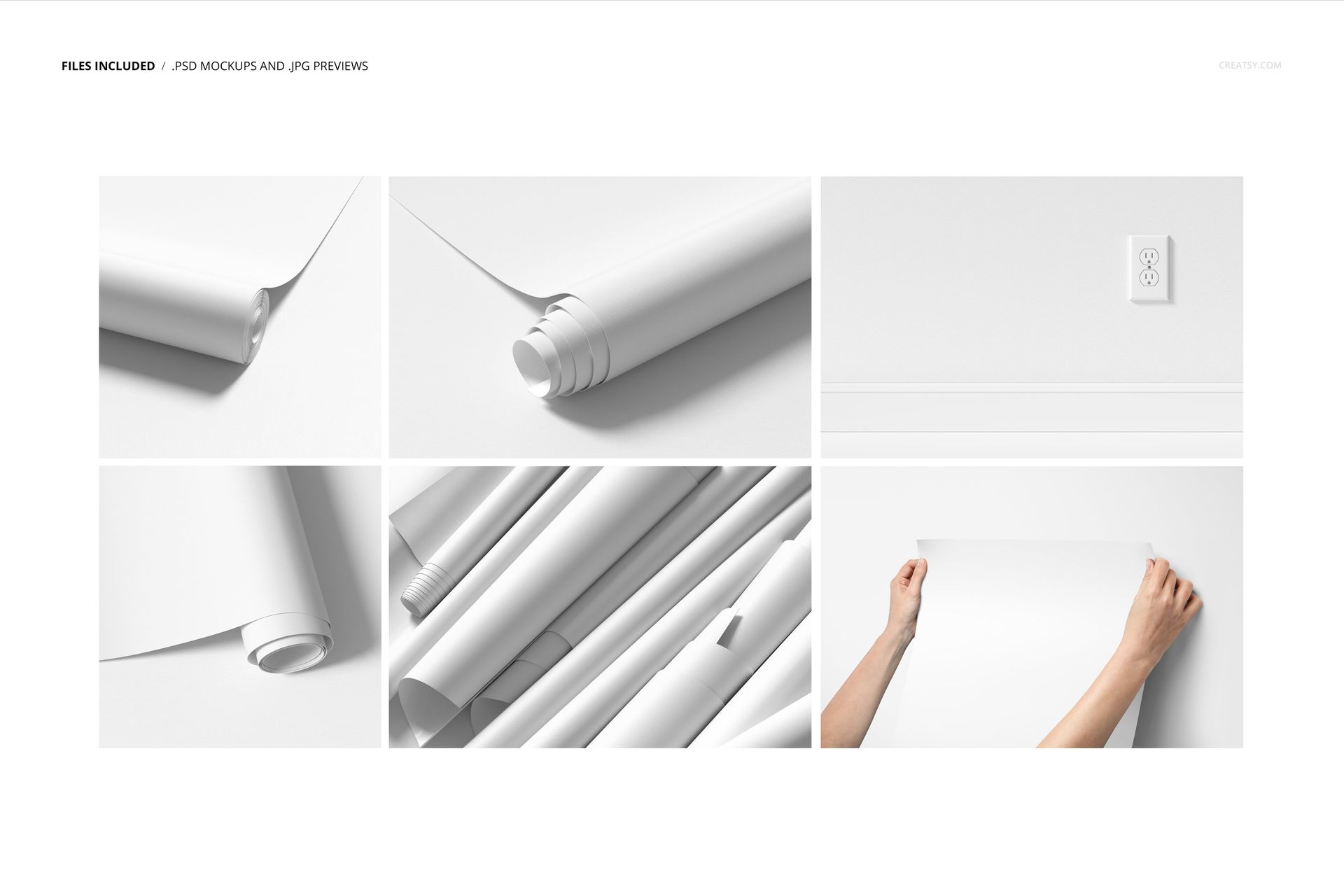 Paper wallpaper mockup set showing rolled and unrolled sheets in white, with hands holding a sheet against a wall.