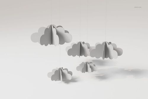 Front view of a baby mobile featuring multiple three-dimensional white cloud shapes suspended by thin strings.
