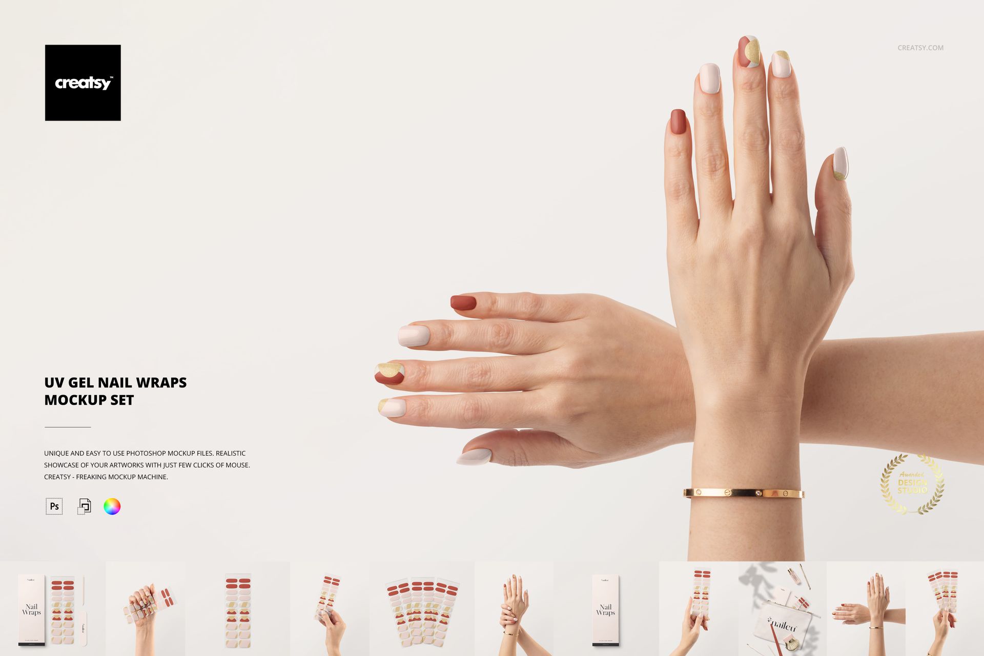 Front view of two hands with different colored UV gel nail wraps, surrounded by nail wrap packaging and mockup set props.