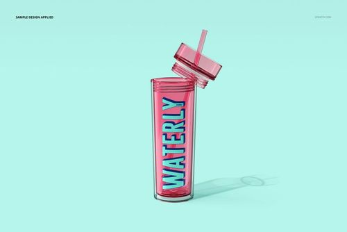 Clear acrylic tumbler mockup featuring a pink lid and straw, with bold text design, set against a blue backdrop.