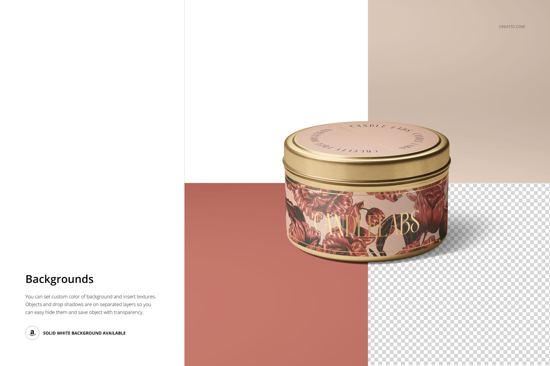 Candle tin mockup with decorative floral pattern, gold lid, and wooden wick, shown on a two-tone background.