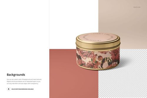 Candle tin mockup with decorative floral pattern, gold lid, and wooden wick, shown on a two-tone background.