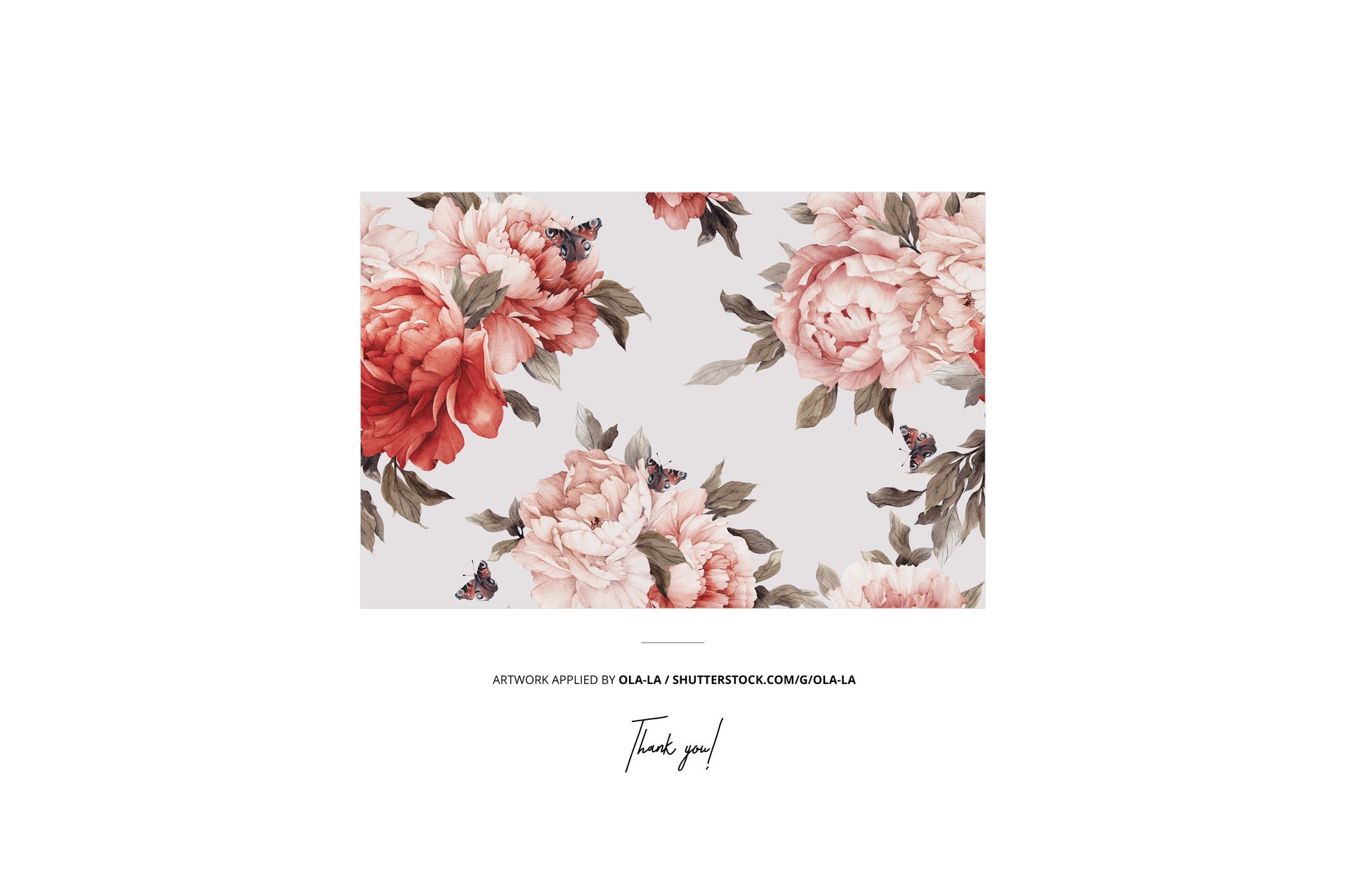 Fabric roll mockup displaying a floral pattern with large pink and red peonies and butterflies on a light background.