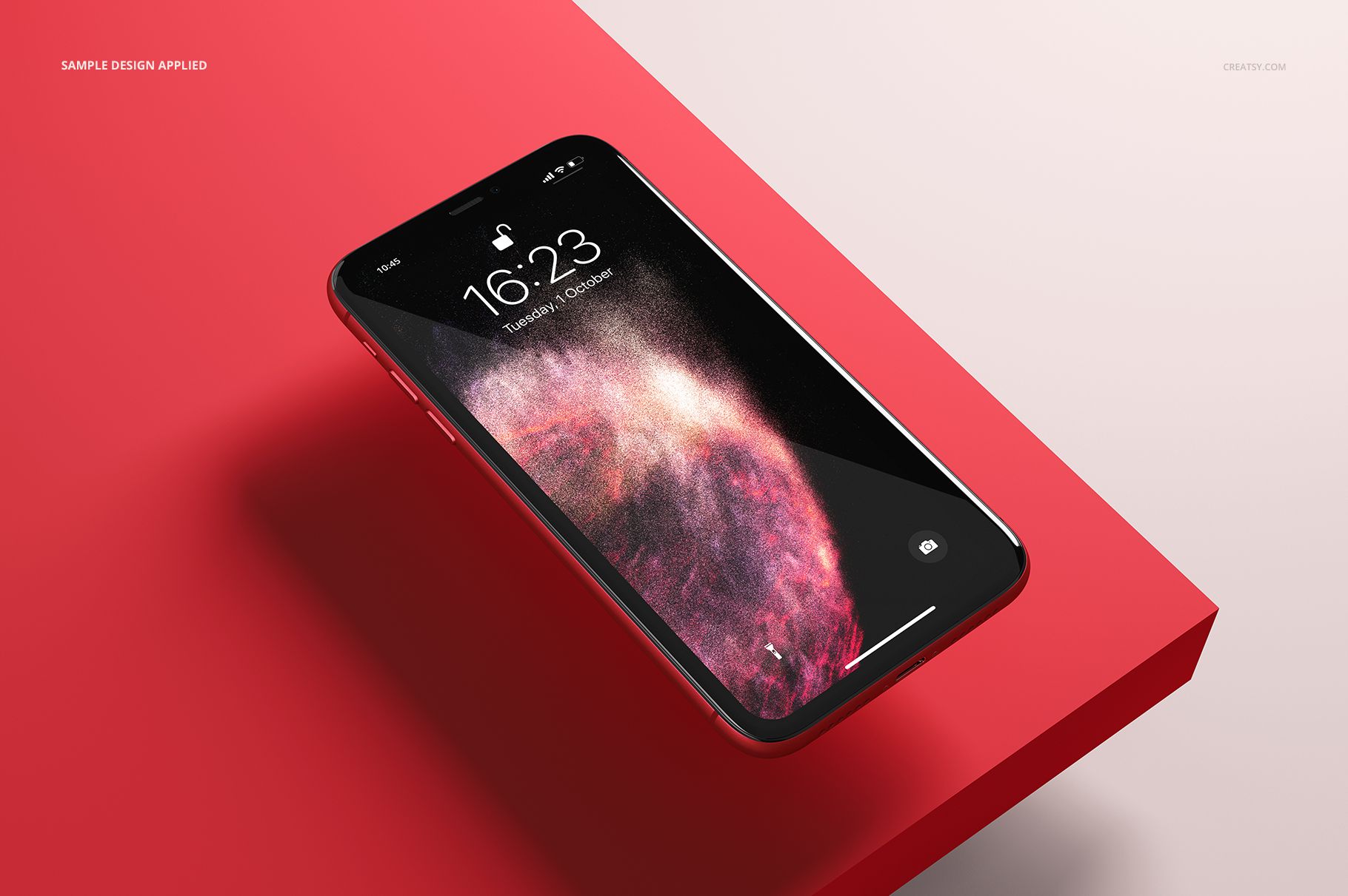 iPhone 11 mockup in red color, positioned diagonally on a red background, featuring a galaxy-style display.
