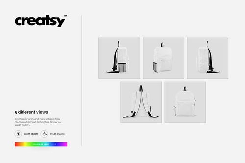 White backpack mockup set displaying five different views on a neutral background, including front and back perspectives.