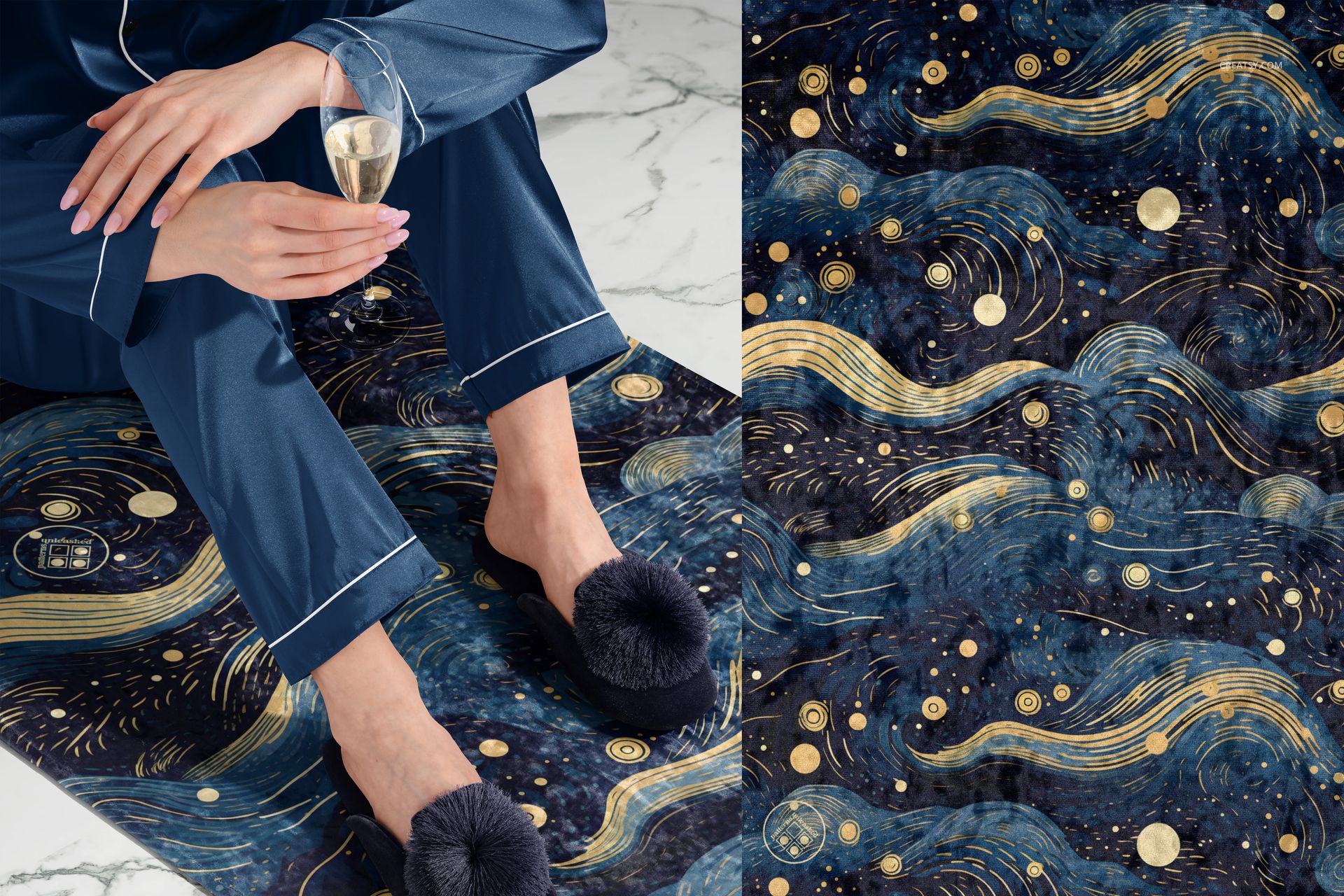 PSD mockup of a velvet rug with swirling blue and gold design, marble floor and relaxed scene with a person holding a glass.