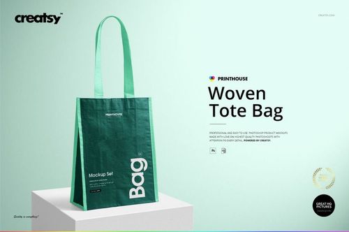 Green woven tote bag mockup displayed at an angle, showing the textured fabric and simple design details.