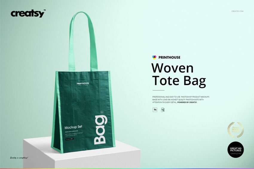 Green woven tote bag mockup displayed at an angle, showing the textured fabric and simple design details.
