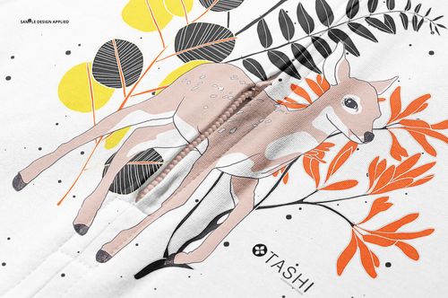 Front view of a PSD mockup for a baby wearable blanket with a deer and colorful leaves printed on soft white material.