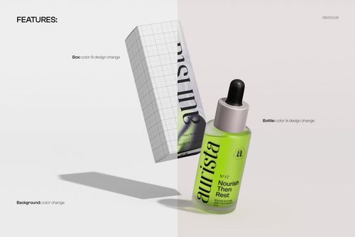 Cosmetic packaging box and dropper bottle mockup shown in mid-air with customizable background and label design.