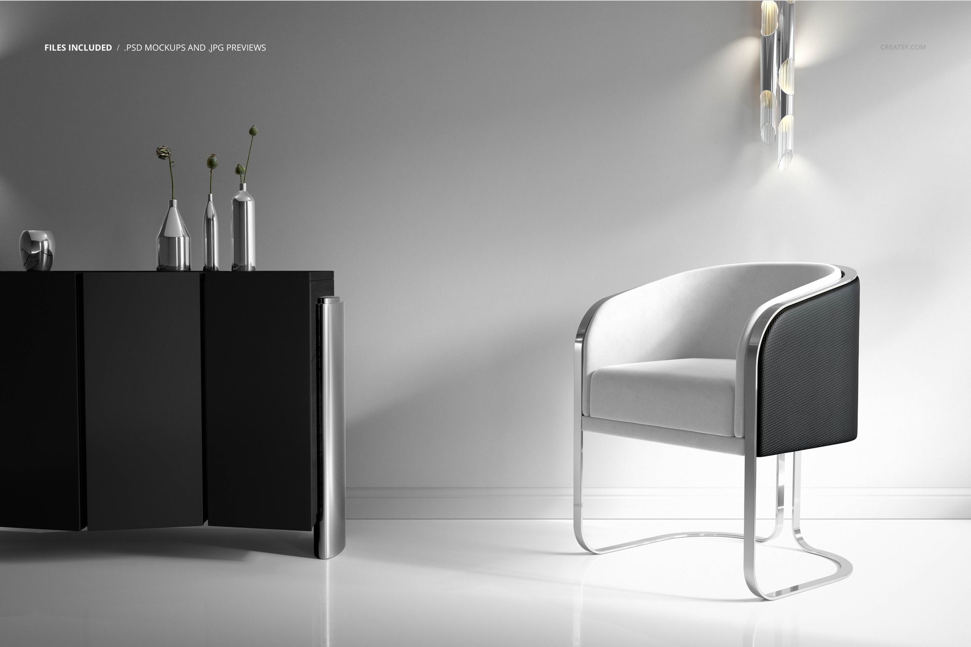 Front view of a modern sideboard and luxury velvet chair mockup in a minimalist living room with white walls.