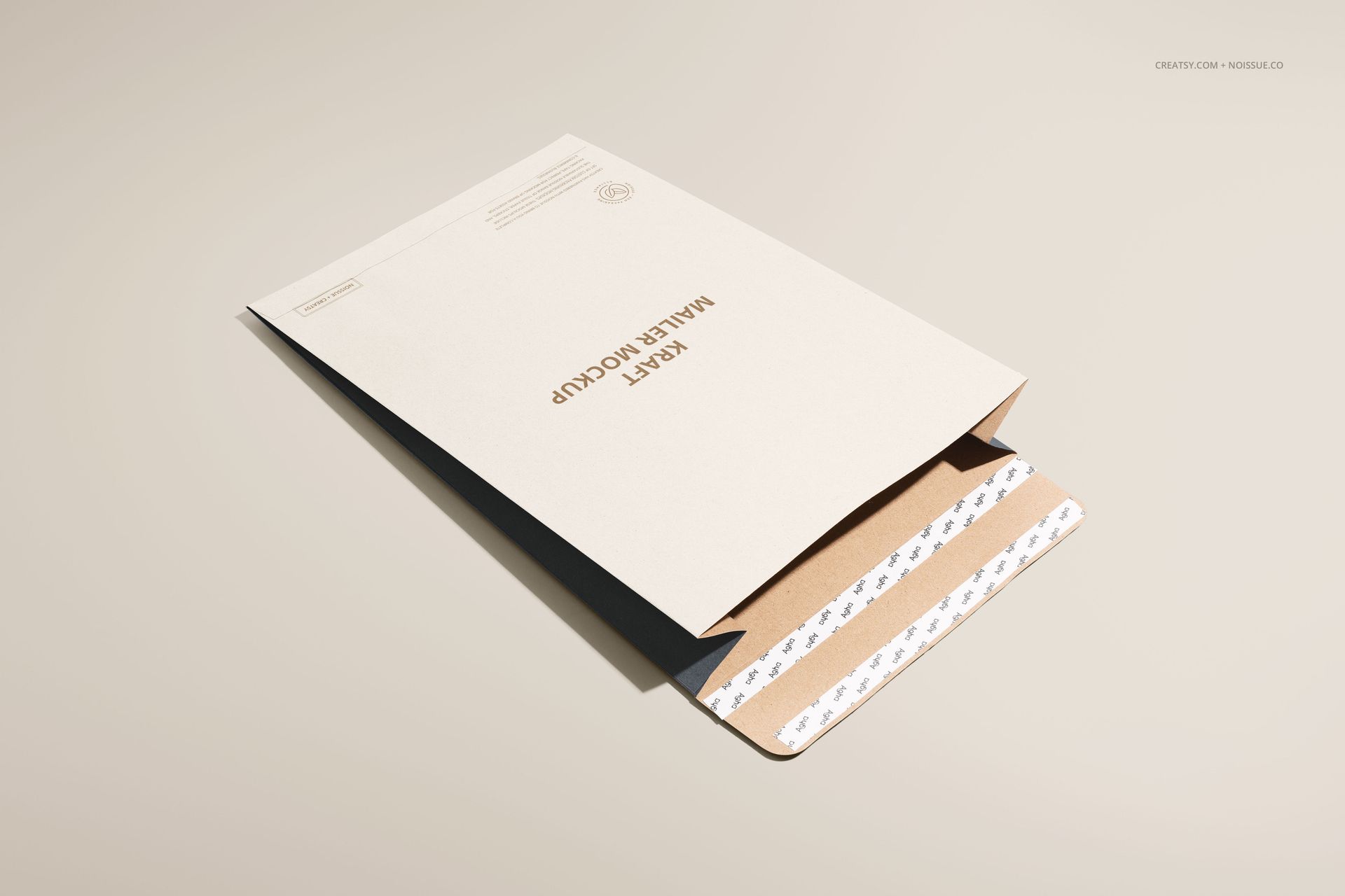 Kraft mailer envelope mockup shown from a top angle on a neutral background, with flap partially open.