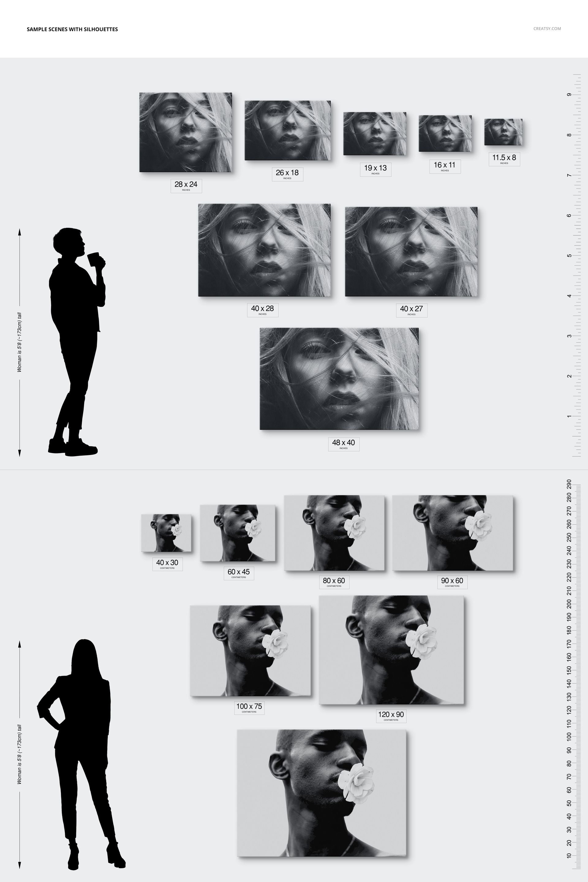 Canvas print size comparison mockup showing various square and rectangular prints next to human silhouettes and rulers.