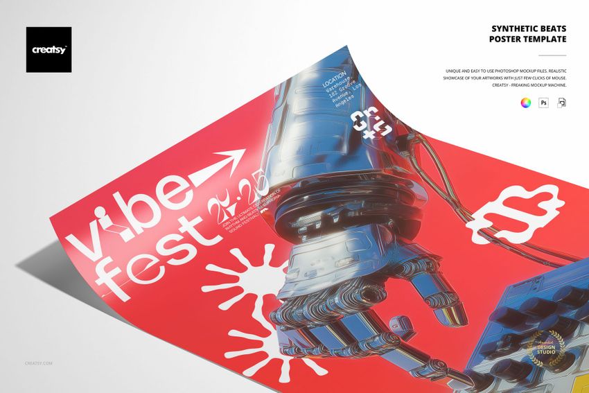 Synthetic Beats poster mockup showing a metallic robotic hand and white graphic elements on a vivid red surface.