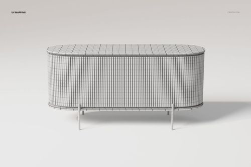 Front view of a Scandi console cabinet 3D model with wireframe mesh pattern on a plain light background.