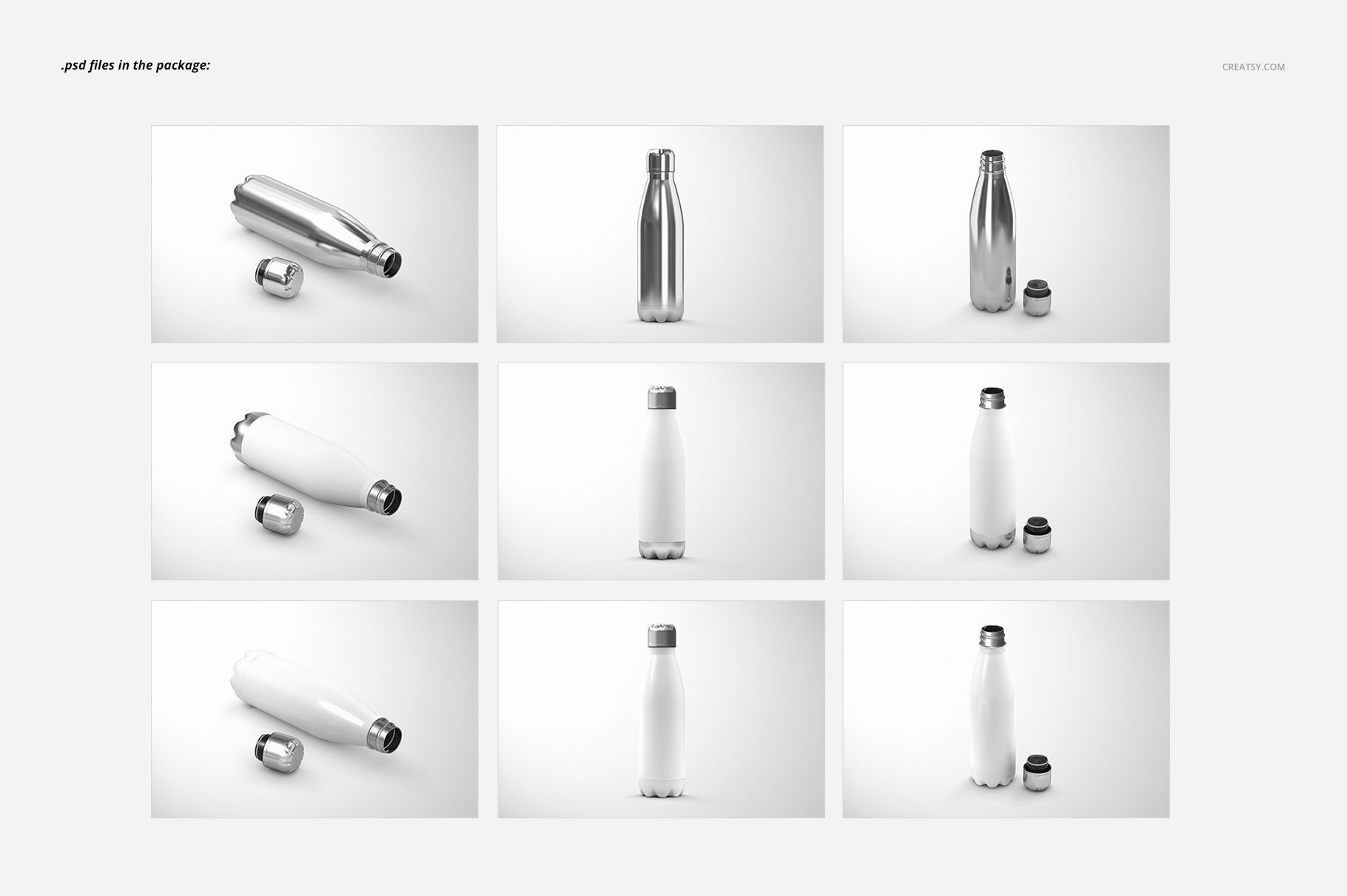PSD mockup set featuring stainless steel water bottles with silver and custom color bottoms, arranged in a grid layout.