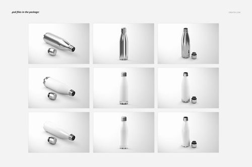 PSD mockup set featuring stainless steel water bottles with silver and custom color bottoms, arranged in a grid layout.