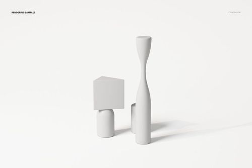 Front view of two cubist style decorative sculptures in matte white, featuring geometric and abstract shapes on a plain background.